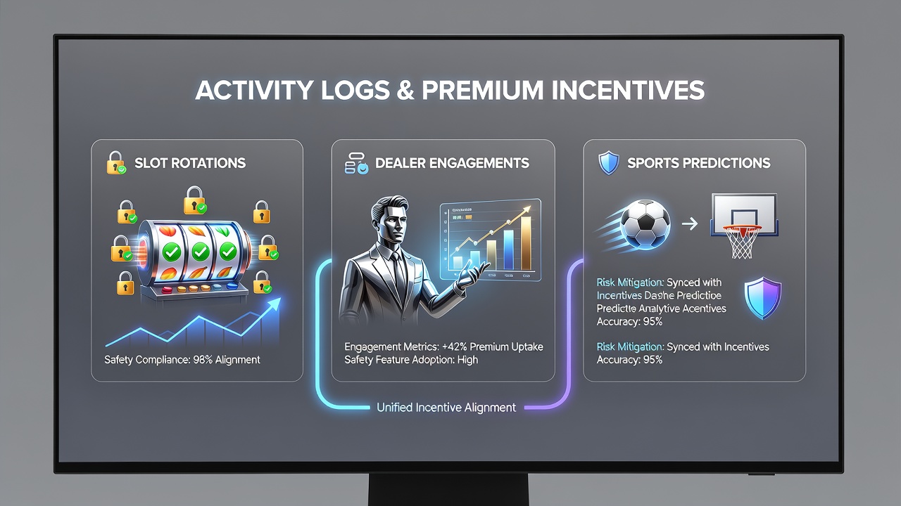 Mobile app interface showing activity logs with safety settings and VIP rewards aligned across slots, live dealer tables, and sports betting sections