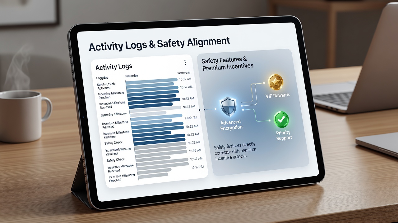 Dashboard view of activity log entries displaying safety limit adjustments next to VIP tier progress and bonus activations