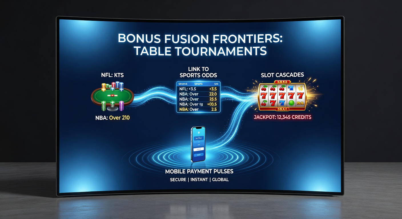 Dynamic graphic showing table tournament chips cascading into sports odds boards and slot reels, linked by glowing mobile payment icons