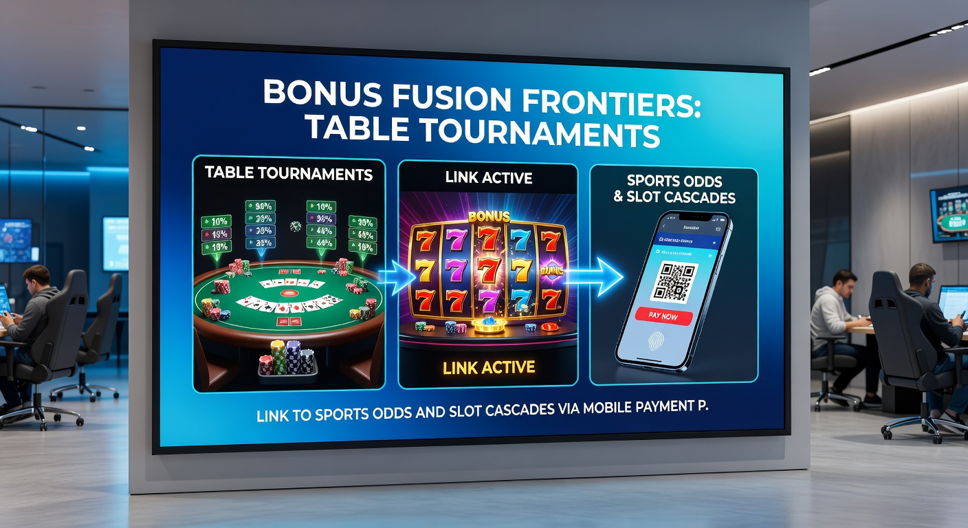 Vibrant scene of sports odds screens merging with table tournament action and exploding slot cascades, illuminated by mobile payment streams