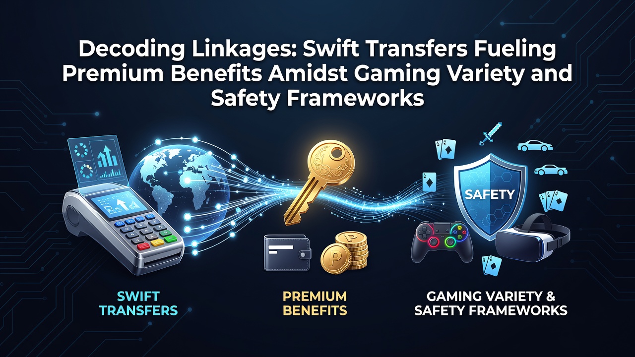 Illustration of interconnected gaming elements showing fast payment transfers linking to premium rewards across diverse casino games and safety protocols