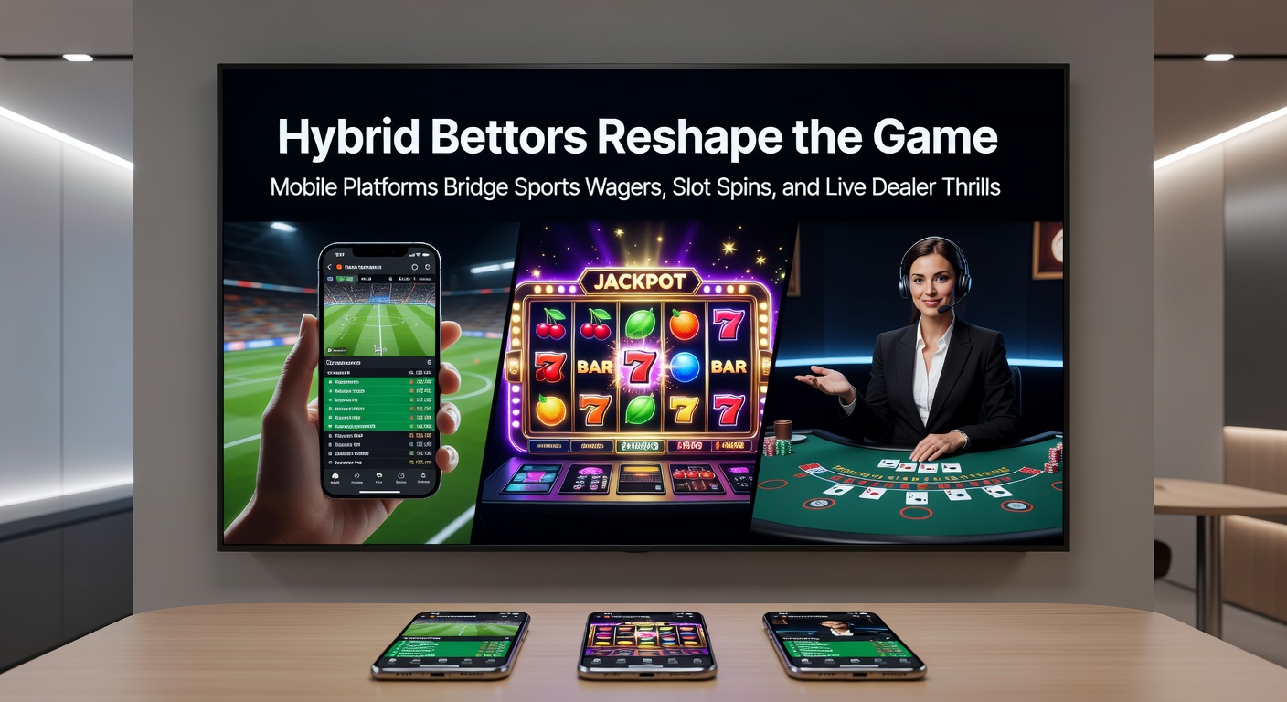 Mobile screen displaying sports betting odds alongside slot reels and live dealer blackjack table, illustrating seamless hybrid gambling experience
