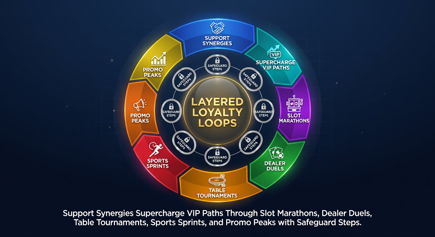 Vibrant graphic showing interconnected loyalty tiers with slot reels, poker tables, sports icons, and shield safeguards layered in a dynamic loop
