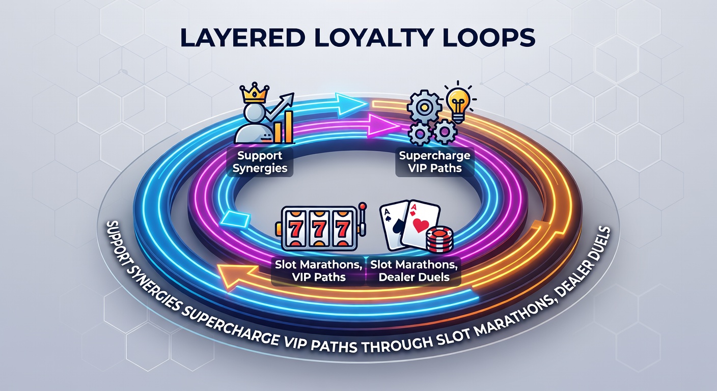 Dynamic infographic depicting loyalty progression from slot marathons to VIP summits, with support icons and safeguard barriers integrated throughout