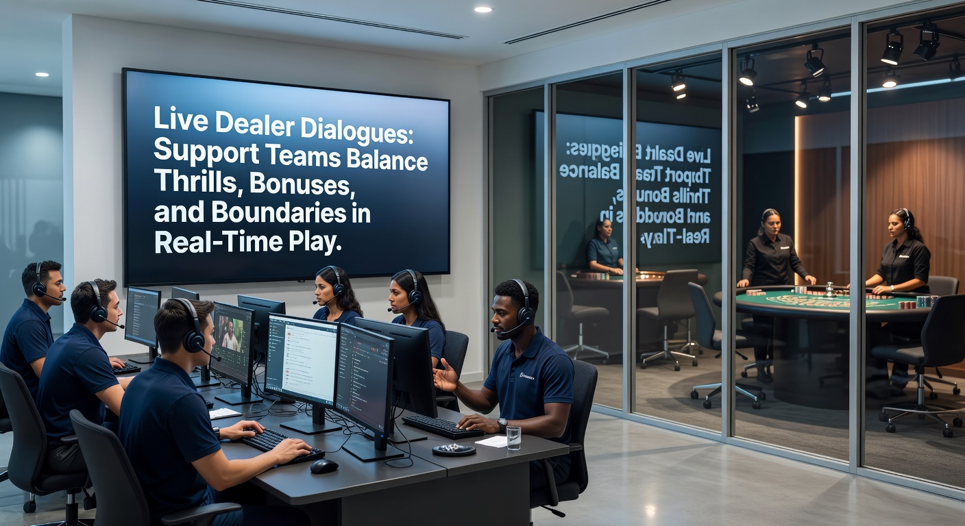 A live dealer at a blackjack table engaging with players via chat, with support interface visible in the background, capturing the real-time interaction dynamic