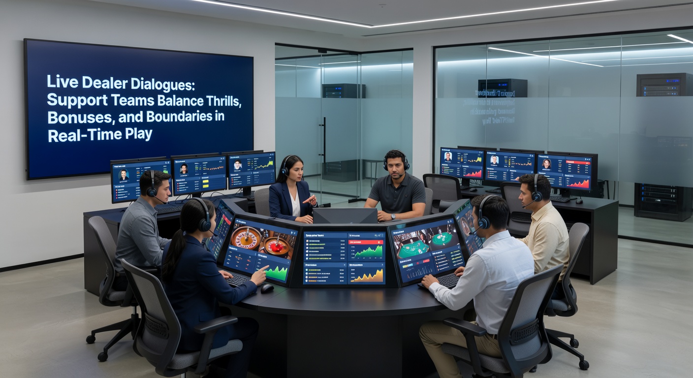 Support team dashboard showing live chat feeds from multiple dealer tables, highlighting bonus activations and player queries in a bustling control room setting