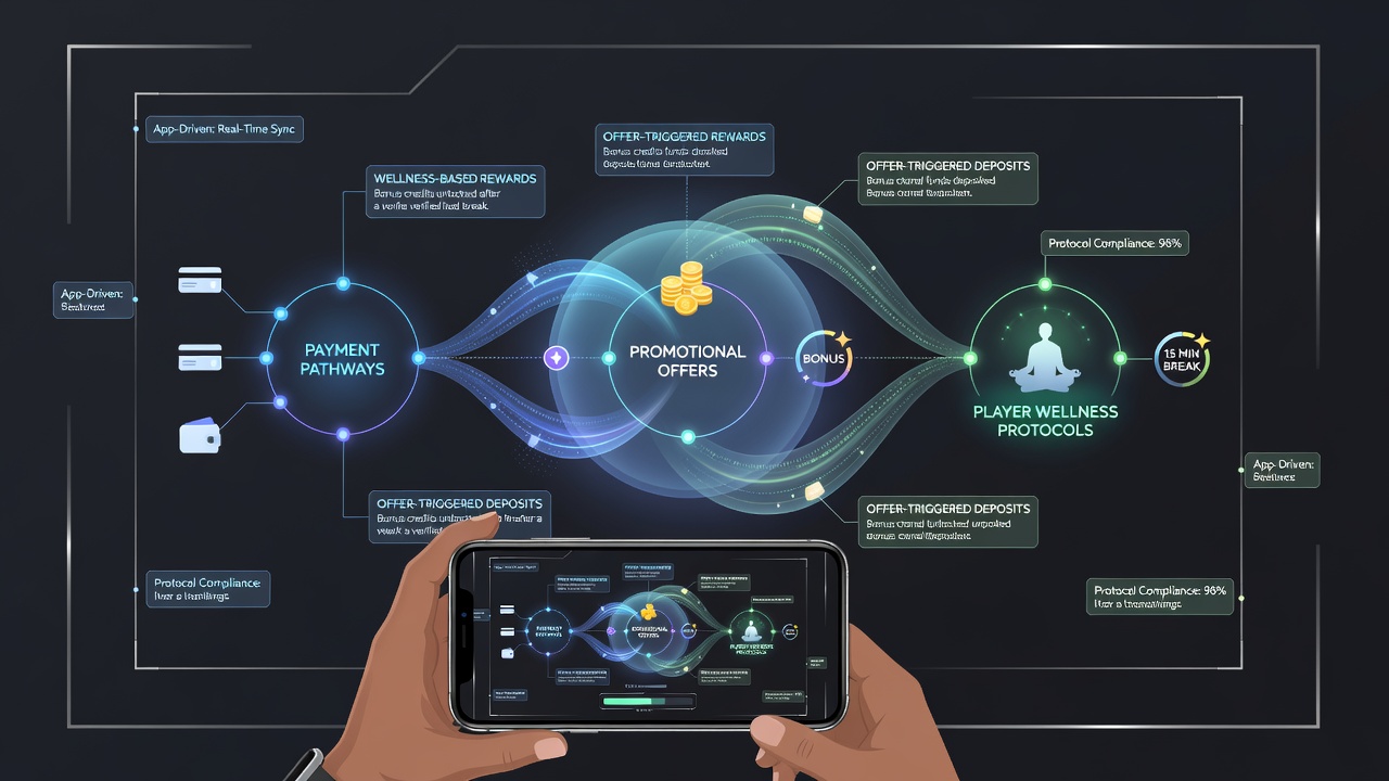 Illustration of secure payment gateway linking promotional credits with player limit settings and wellness notifications