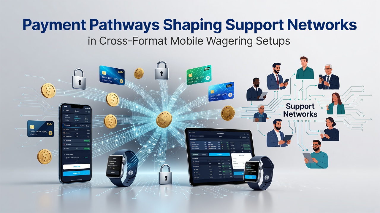 Illustration of mobile payment flows connecting various wagering formats with support tools