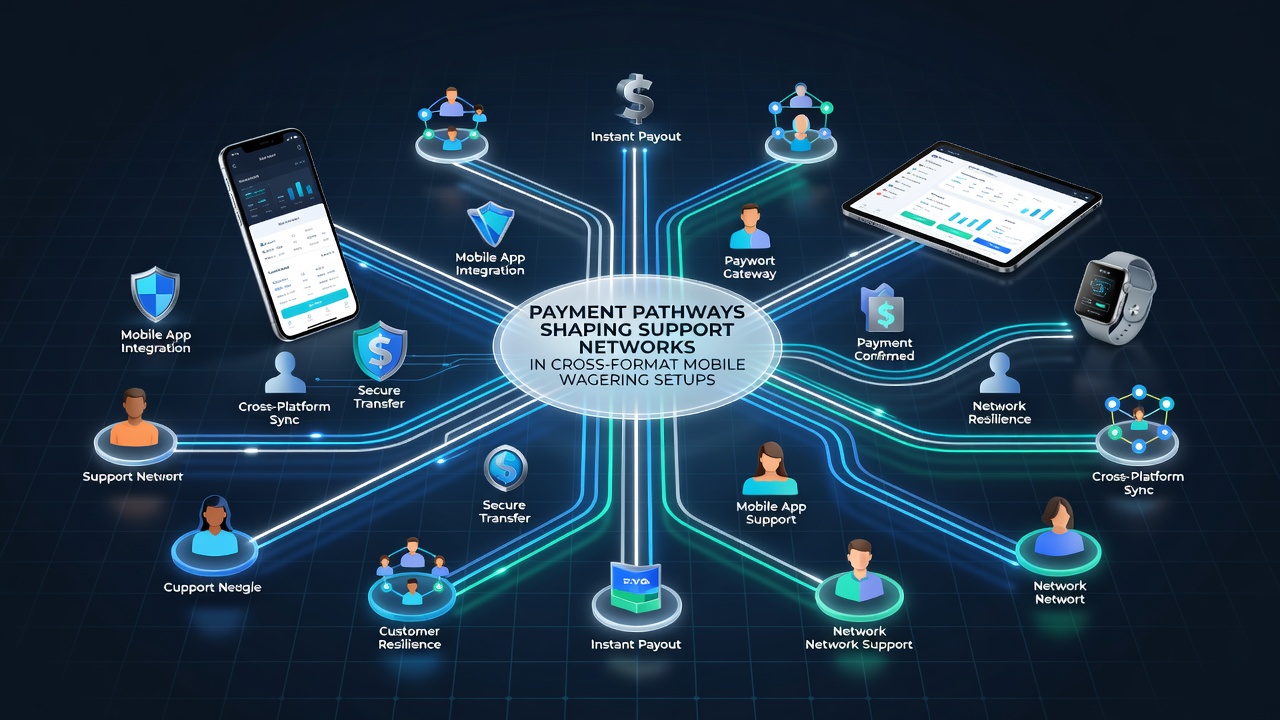 Diagram showing payment networks linking support features across mobile wagering platforms