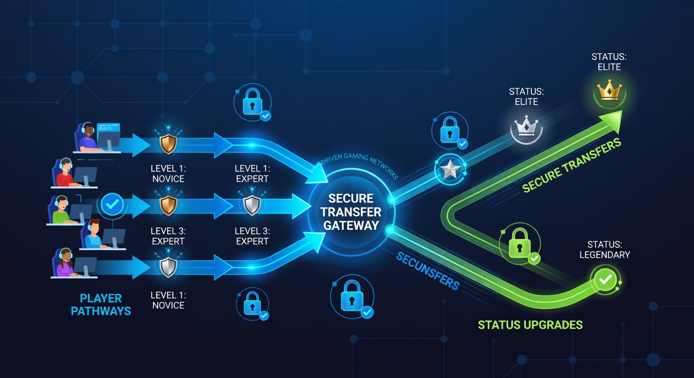 Diagram showing interconnected player pathways, secure transfers, and tiered status levels in app-based gaming