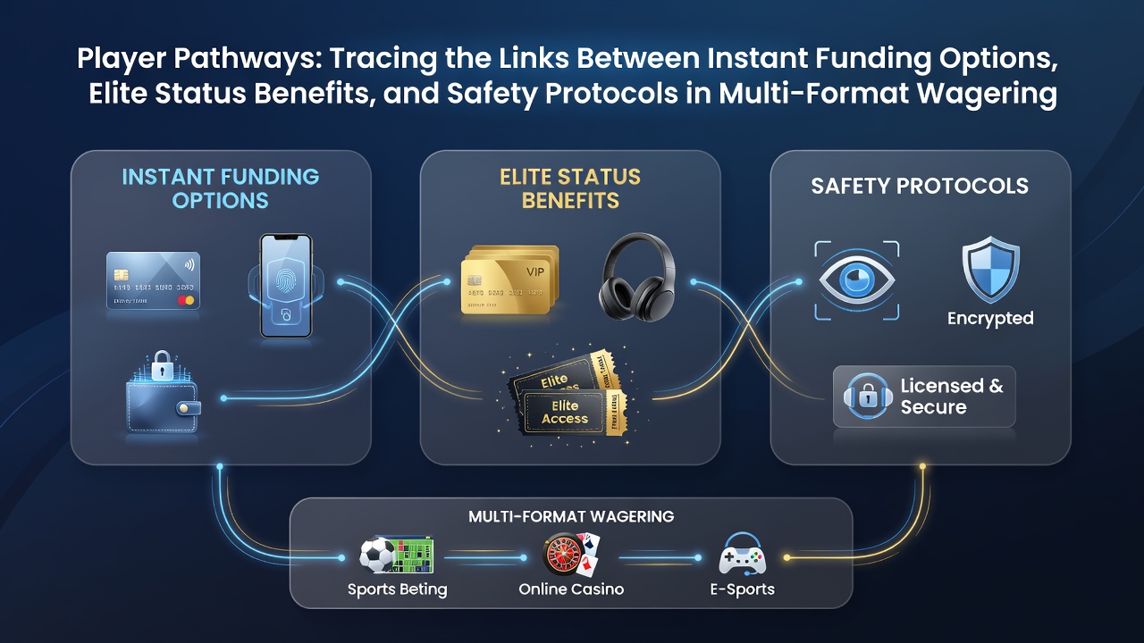 Illustration of player pathways connecting instant funding, elite rewards, and safety measures across slots, sports, and live dealer formats