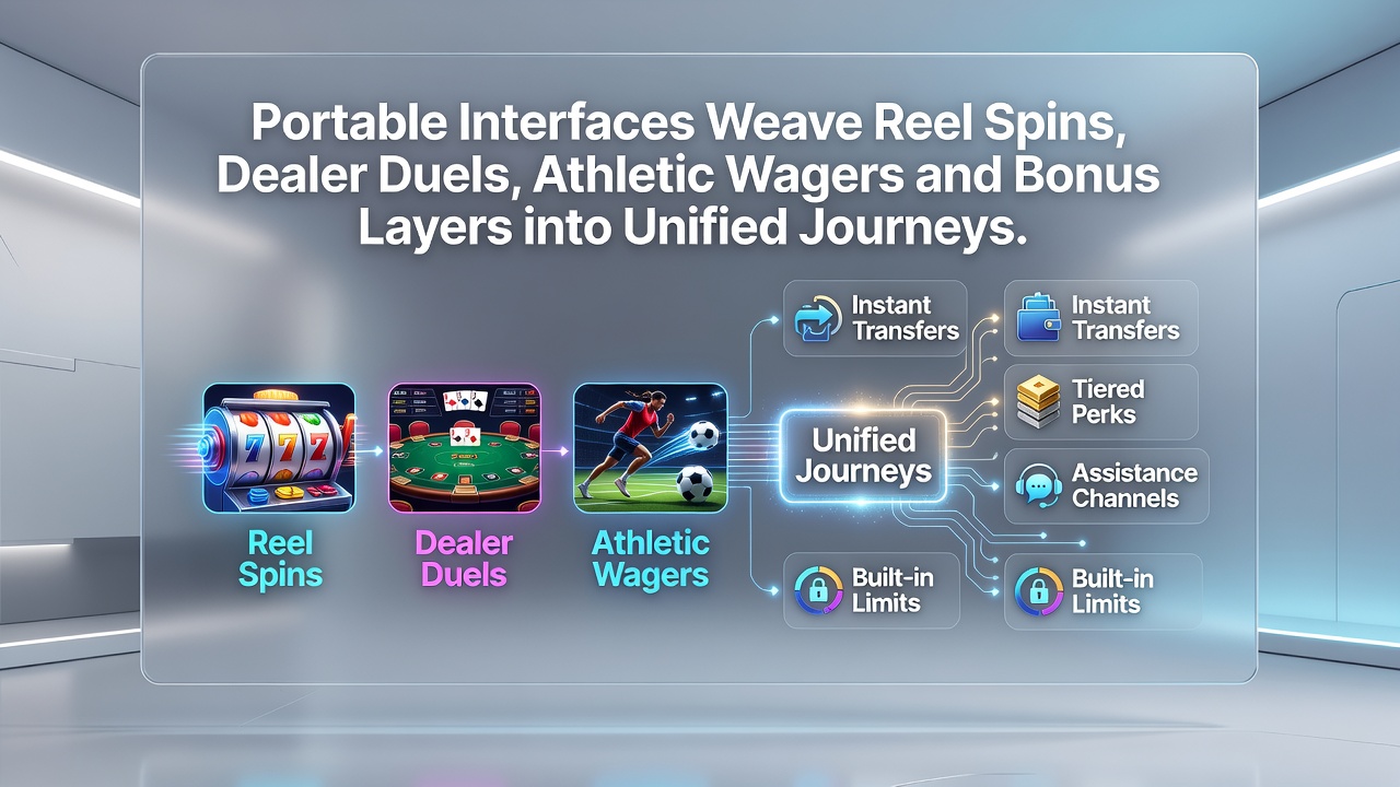 Mobile app interface showing integrated slot reels, live dealer tables and sports betting options on a single screen