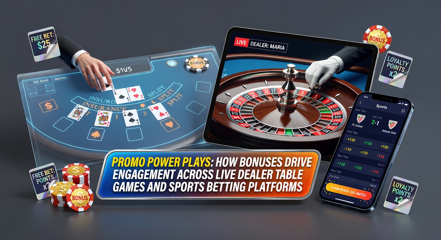 Vibrant display of live dealer blackjack table with overlaid bonus icons and sports betting odds screens, highlighting promotional overlays in action