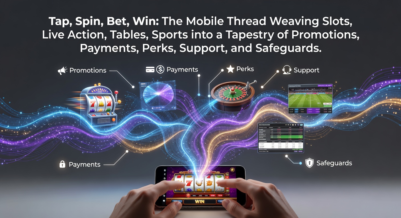 Vibrant mobile screen displaying slots, live dealer games, table options, and sports betting interfaces seamlessly integrated with promo banners and payment icons