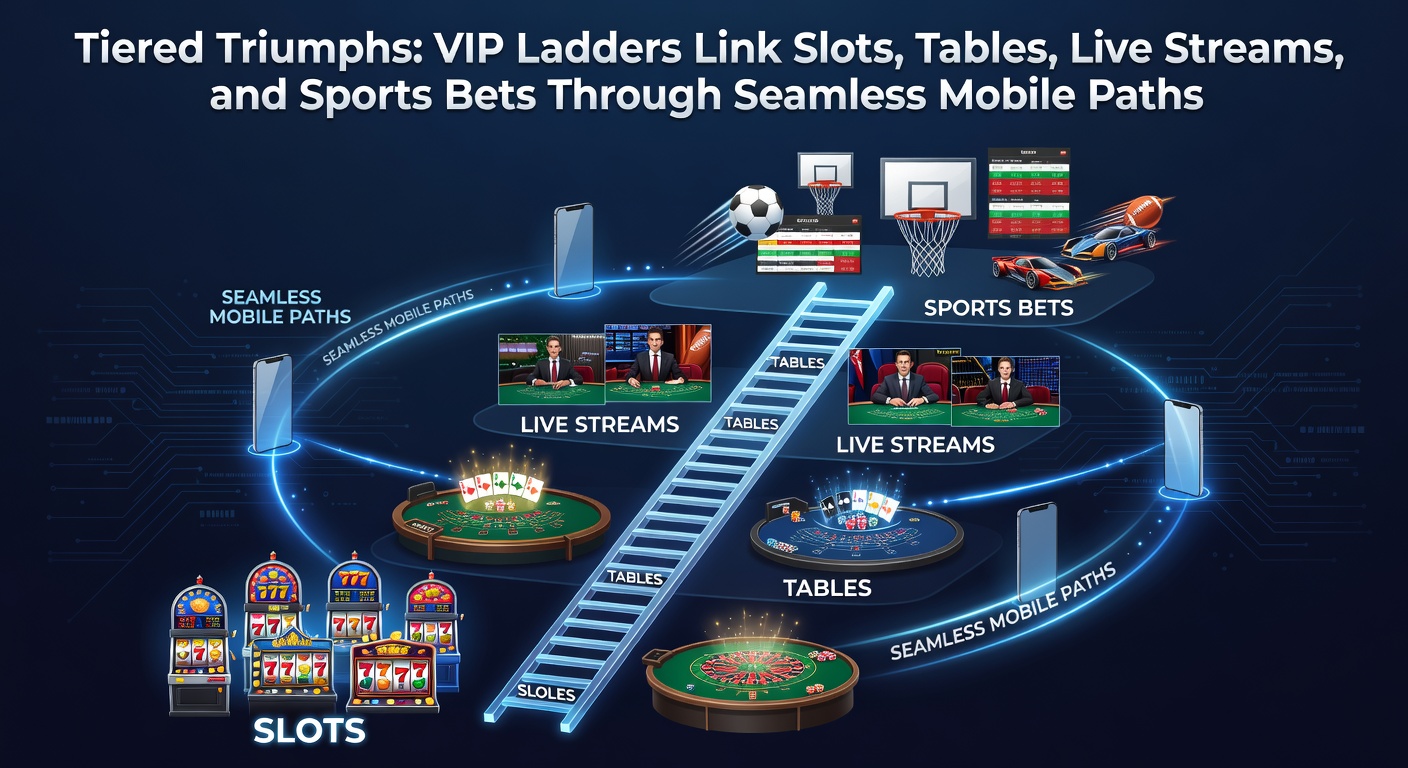 A sleek mobile screen displaying interconnected VIP tiers across slots, live dealer tables, and sports betting odds, with glowing ladder rungs symbolizing progression