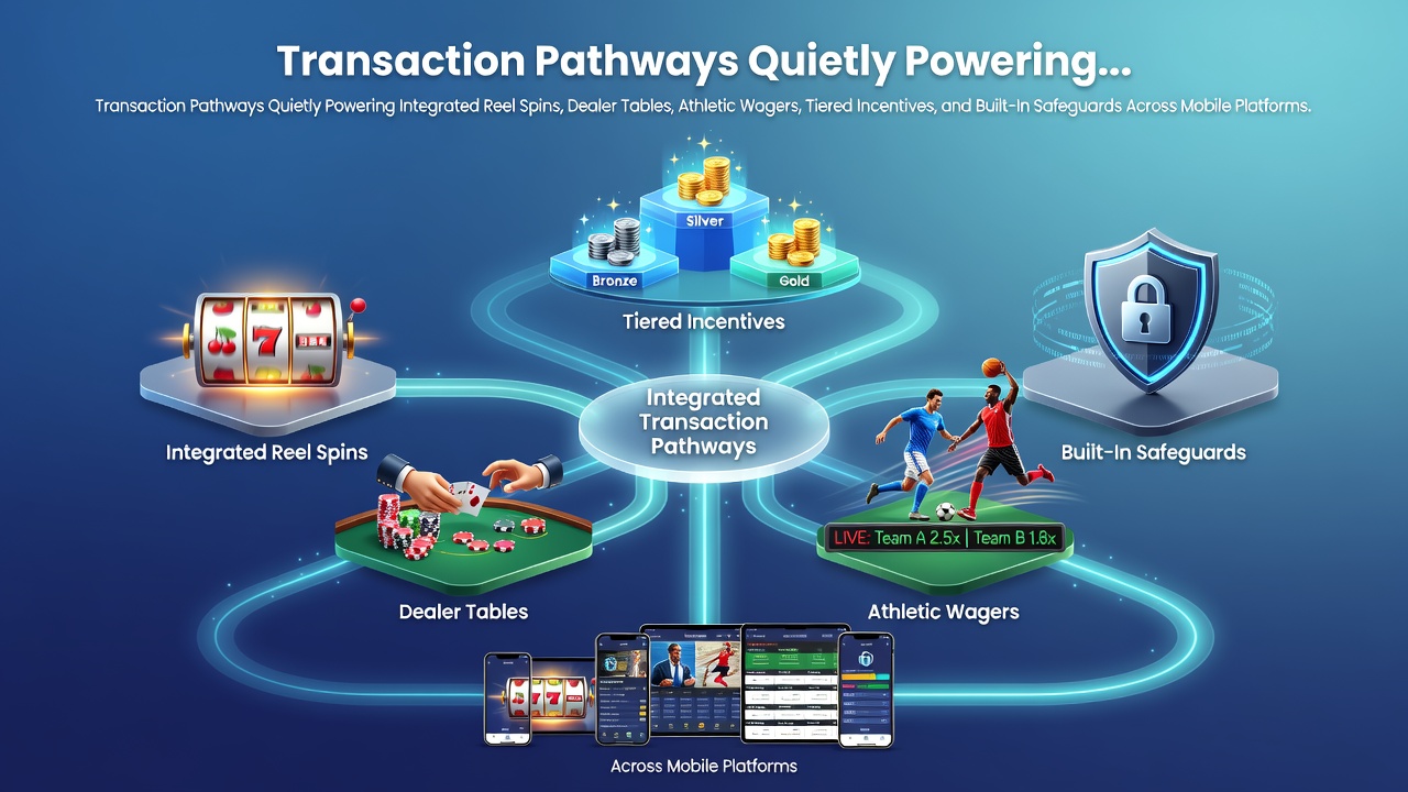 Mobile transaction pathways connecting slots, live tables, sports betting, rewards, and player protections