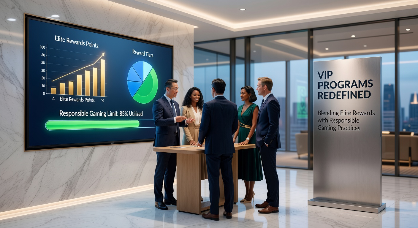 Modern VIP lounge in an online casino platform showcasing personalized rewards dashboard with responsible gaming tools integrated
